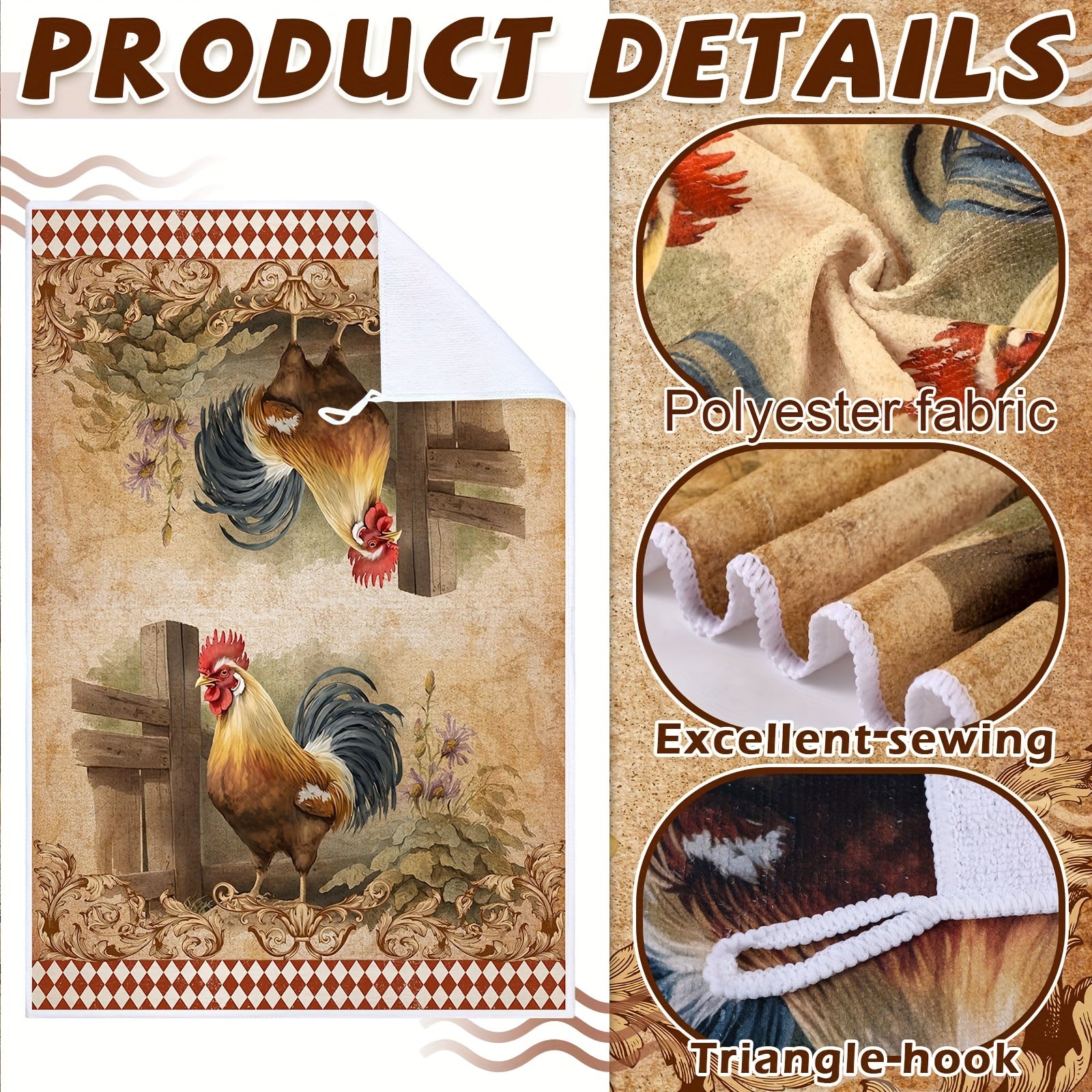 4pc Rustic Rooster Kitchen Hand Towels Polyester Dish Cloths Vintage Christmas Tea Towels