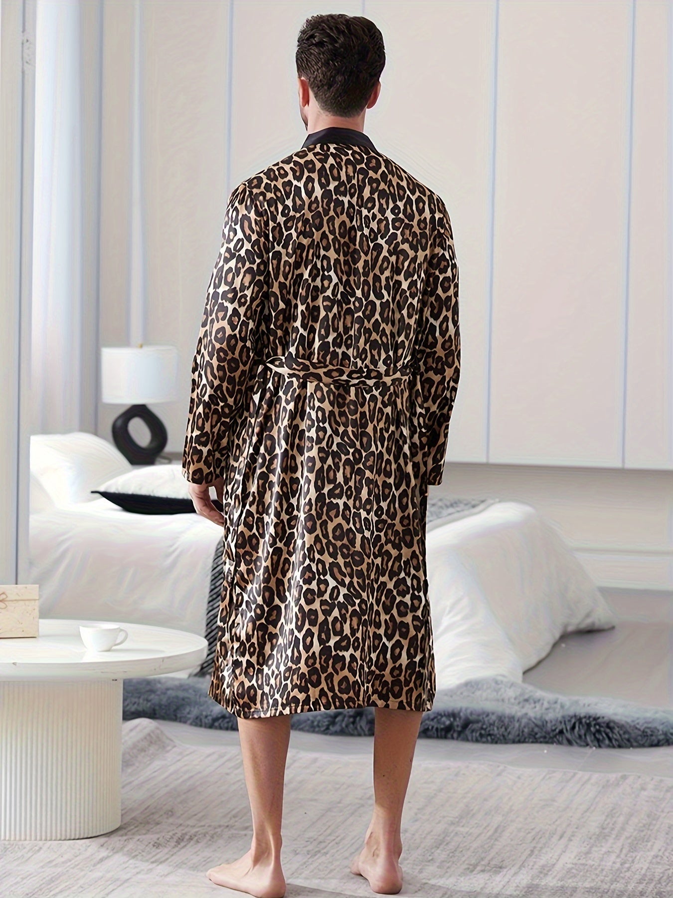 Men's Leopard Print Pajama Set with V-Neck Robe and Belted Pants