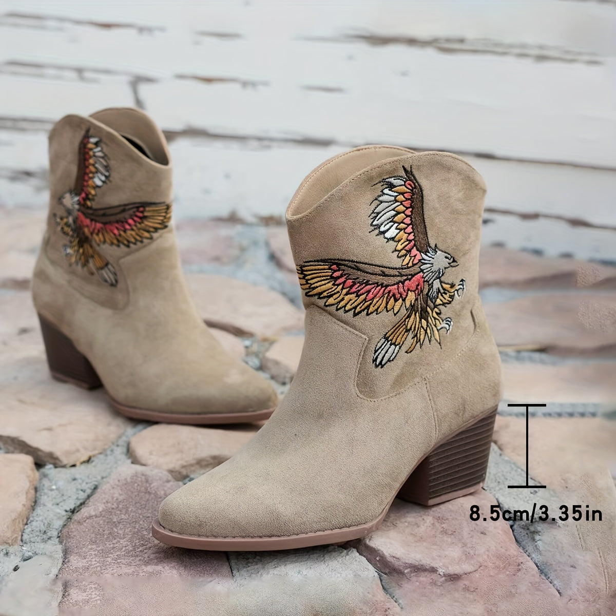 Women's Vintage Leather Riding Boots with Animal Print Eagle Mid-Calf Slip-On