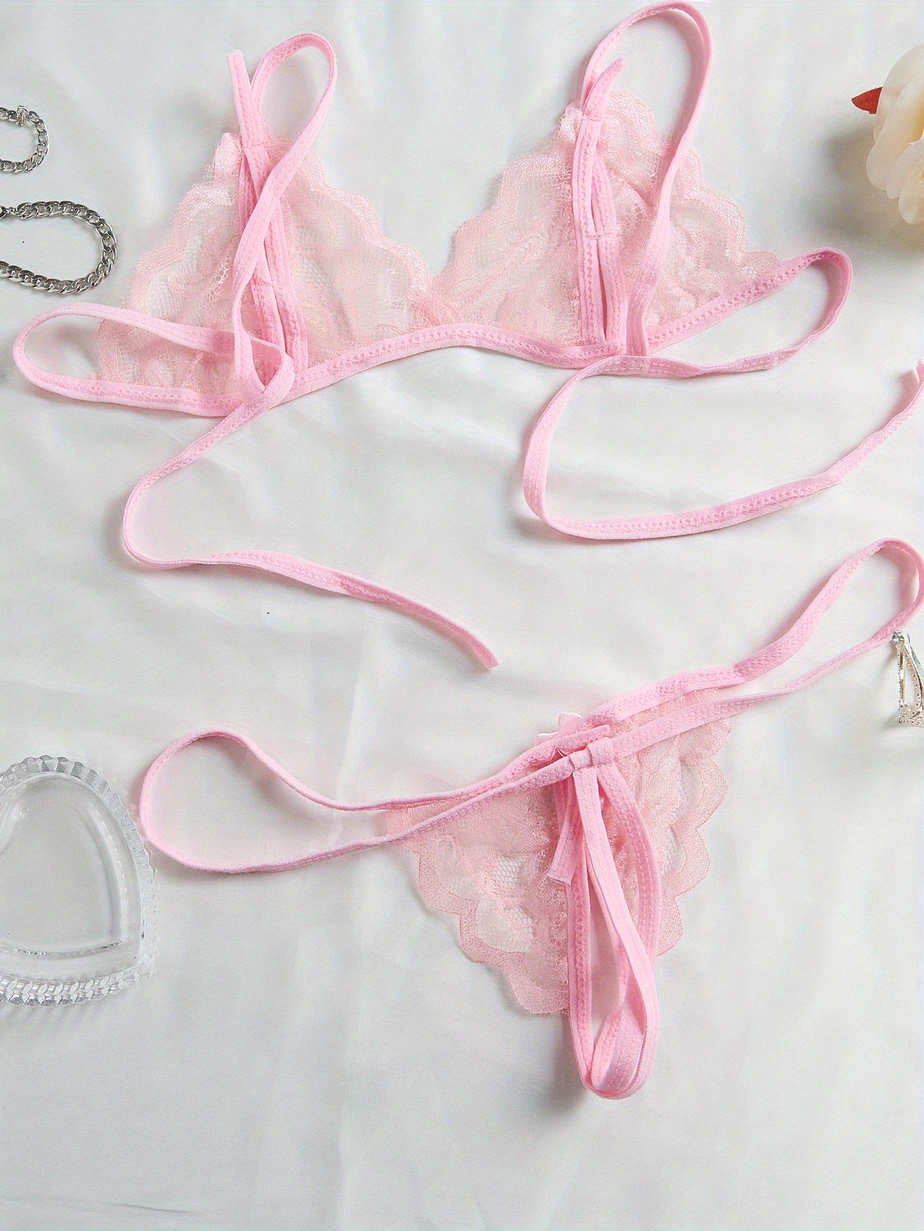 Women Sexy Lingerie Set V-Neck Bra Open Crotch Panties Nylon Blend for Date Night