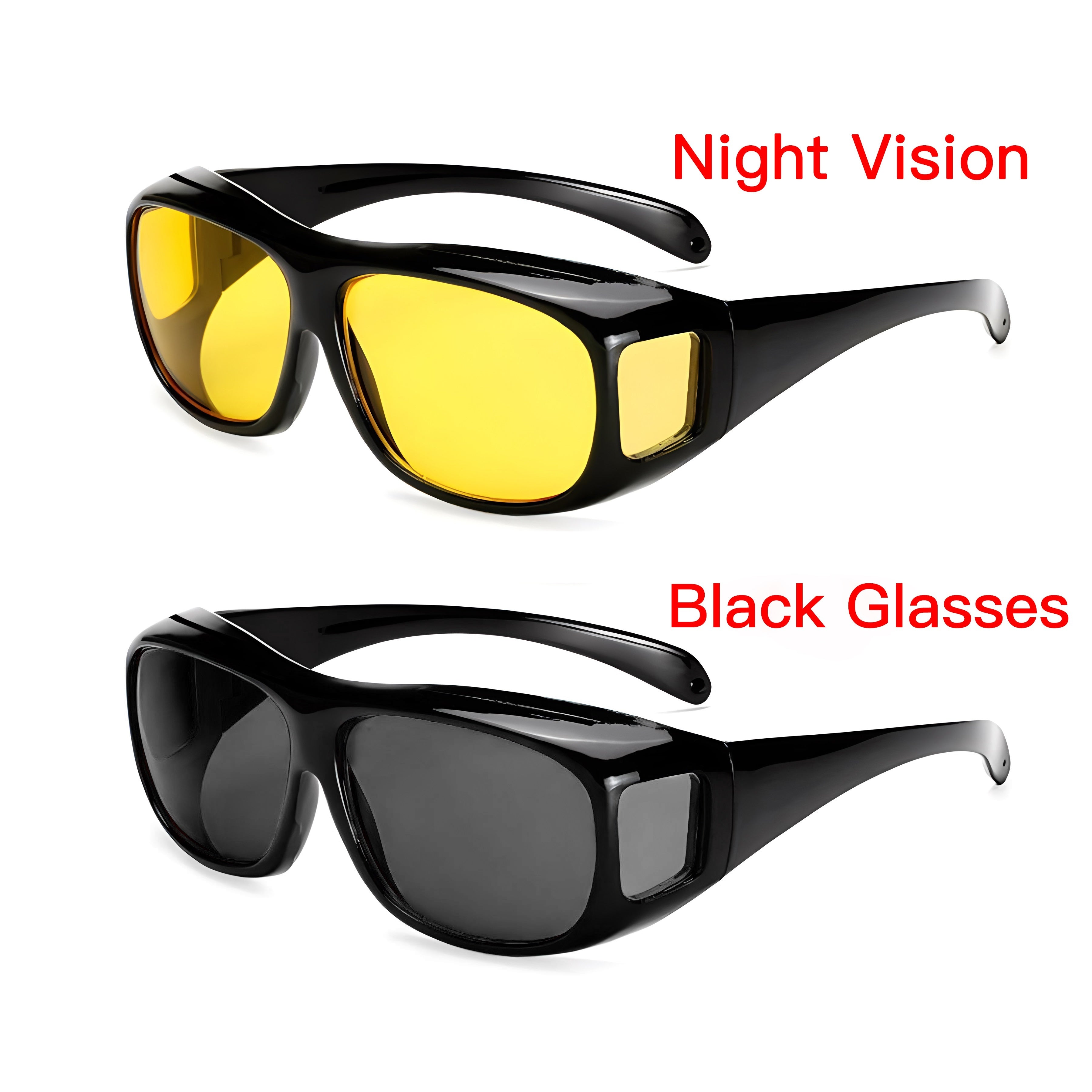 Men Women Oversized Black Frame Sunglasses with Yellow Lenses for Night Driving Set of 2