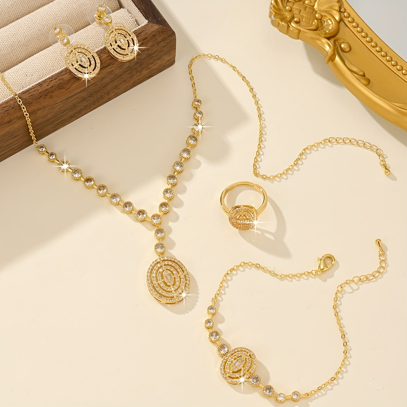 Luxurious women's bridal jewelry set featuring five pieces, adorned with genuine oxidized zirconia. Perfect for everyday wedding attire or as a special gift for loved ones.