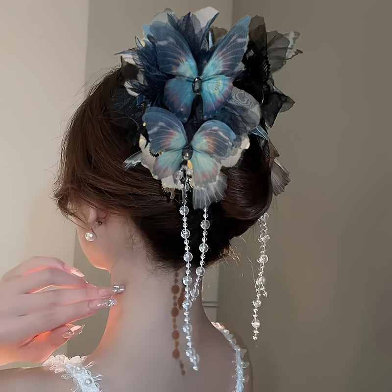 Stylish Blue and White Butterfly Tassel Hair Claw Boho Oversized Shark Clip