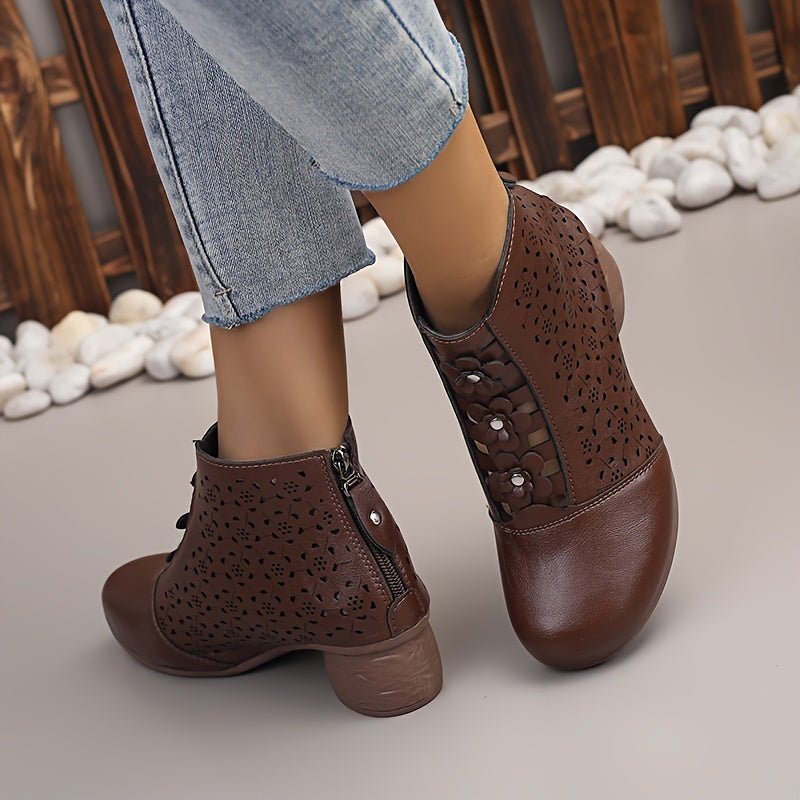 Women Retro Ankle Boots Faux Cover Chunky Heel Zipper Mid-Heel