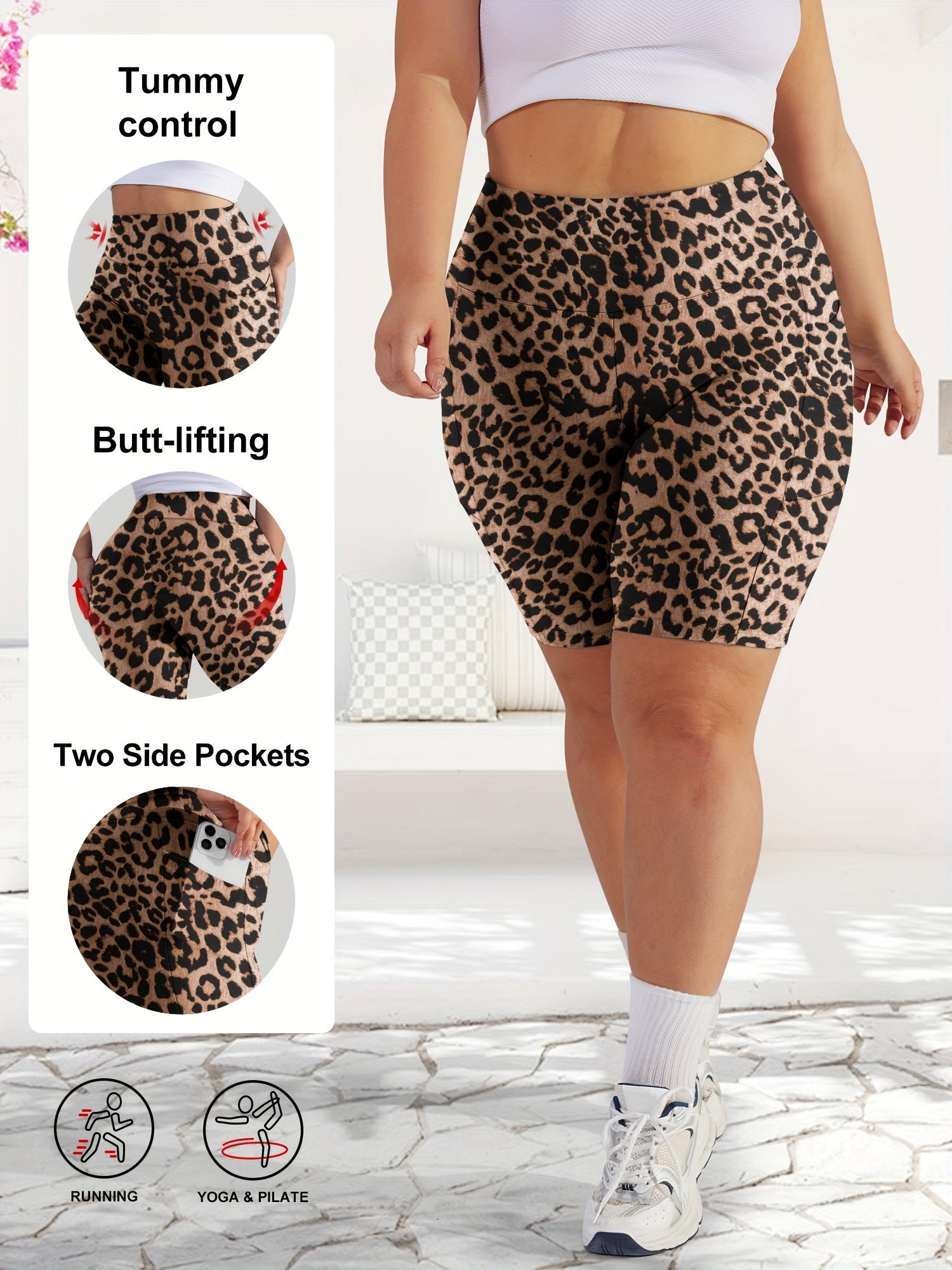 Shorts de mujer de talla grande con cintura alta y estampado de leopardo, elásticos y no transparentes