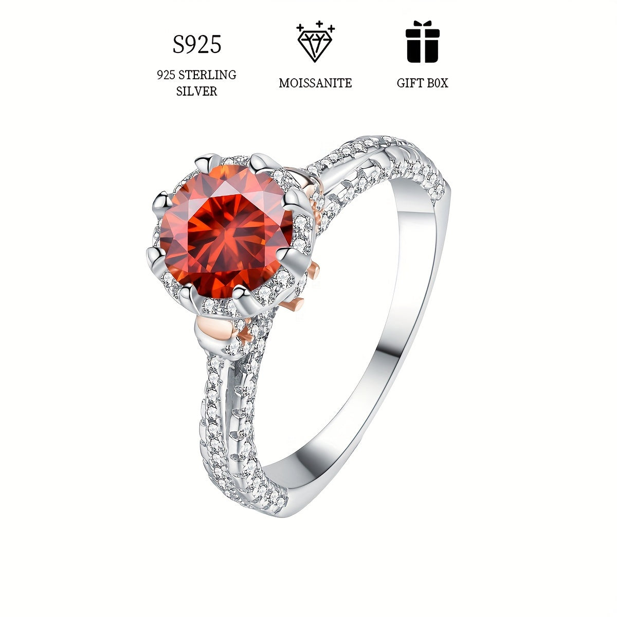 Sterling Silver Ring with 1ct Colorful Moissanite Engagement Proposal Wedding Band Hypoallergenic