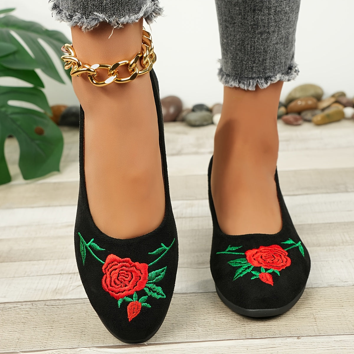 Zapatos planos de ballet con bordado de peonía para mujer, slip-on, zapatos Mary Jane