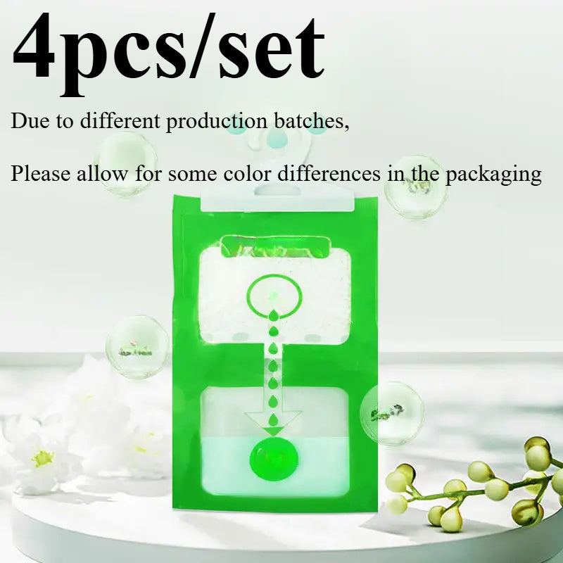 4 зеленых висячих мешка для осушения воздуха в шкафу с прозрачным окном, нетоксичный устранитель запахов для гардероба, портативный и без батареек, идеально подходит для домашнего использования.