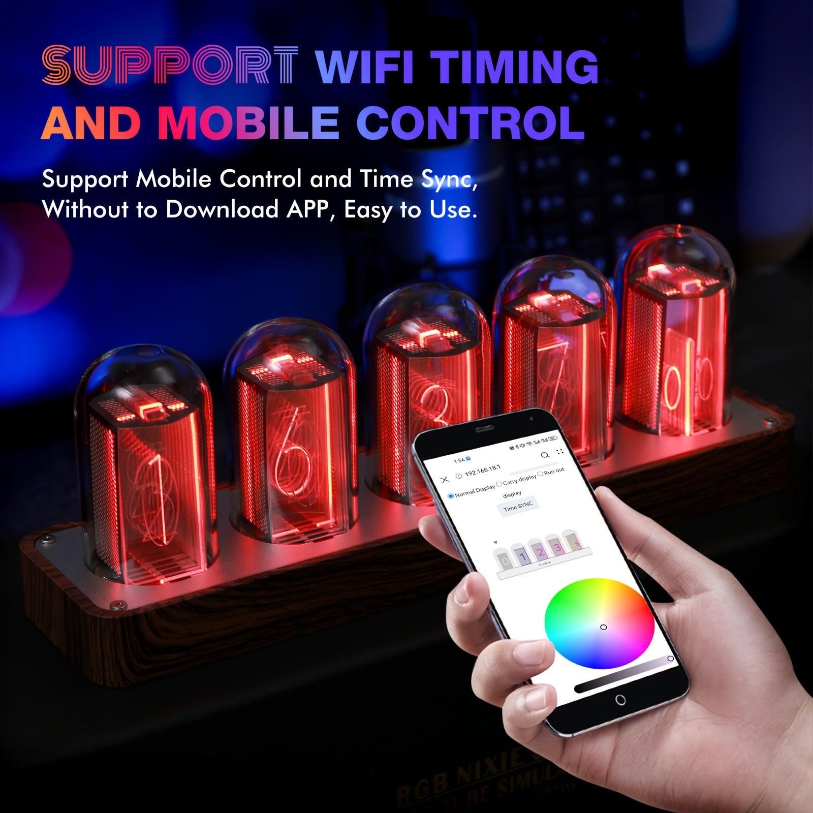Digital Nixie Tube Clock with Wi-Fi Calibration Alarm and RGB Display in Walnut Finish