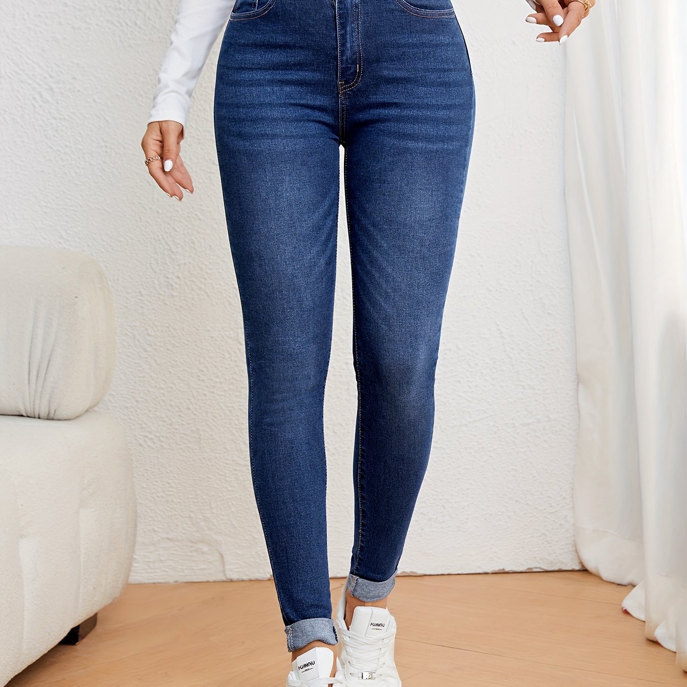 Women's Skinny Jeans Solid Color Washed Denim Medium Stretch Woven Fabric Casual All-Season