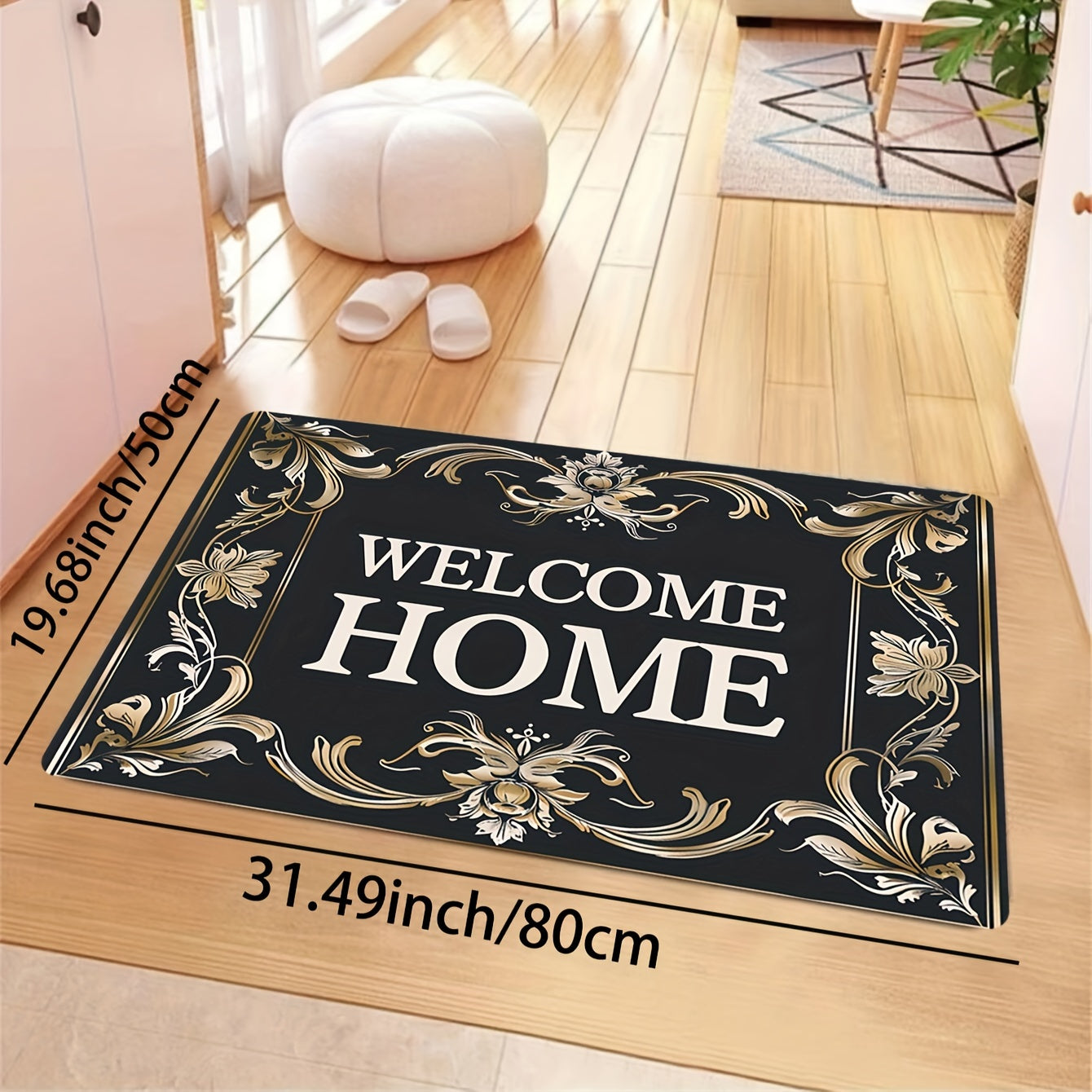 Super Soft Thick Square Carpet Rug with Golden Floral Lace Welcome Pattern Indoor Floor Mat