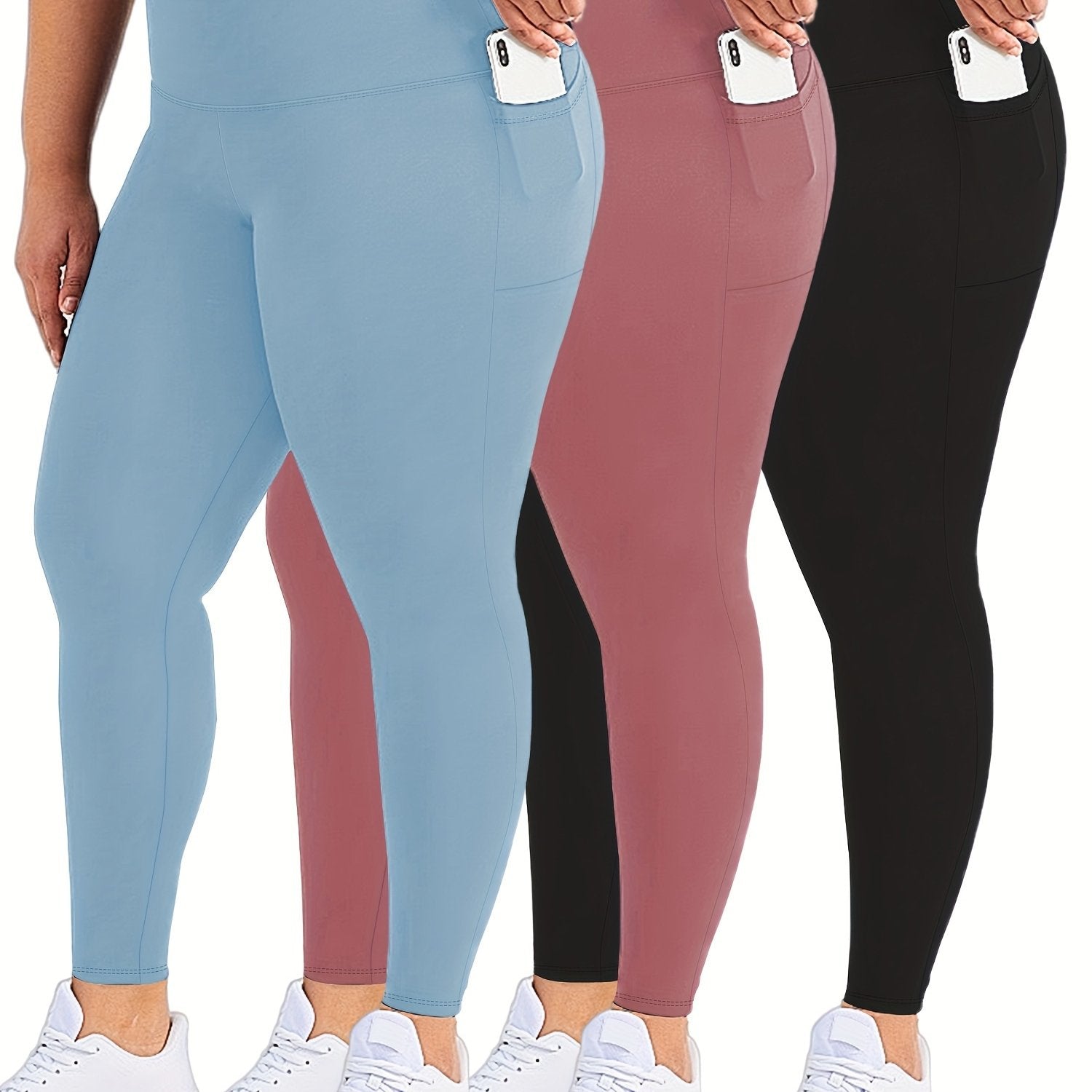 Plus Size Womens Black Pockets High Waisted Tummy Control Leggings Set