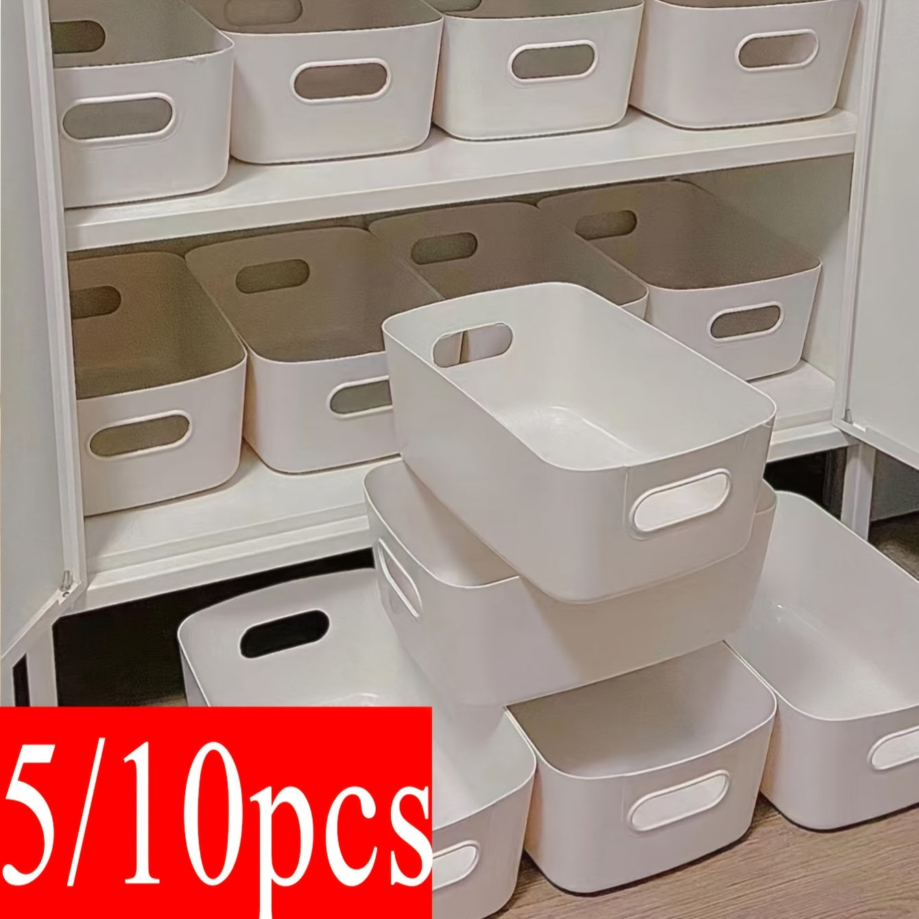 White Plastic Storage Bins 5/10 Size Weather-Resistant Organizers for Kitchen and Home