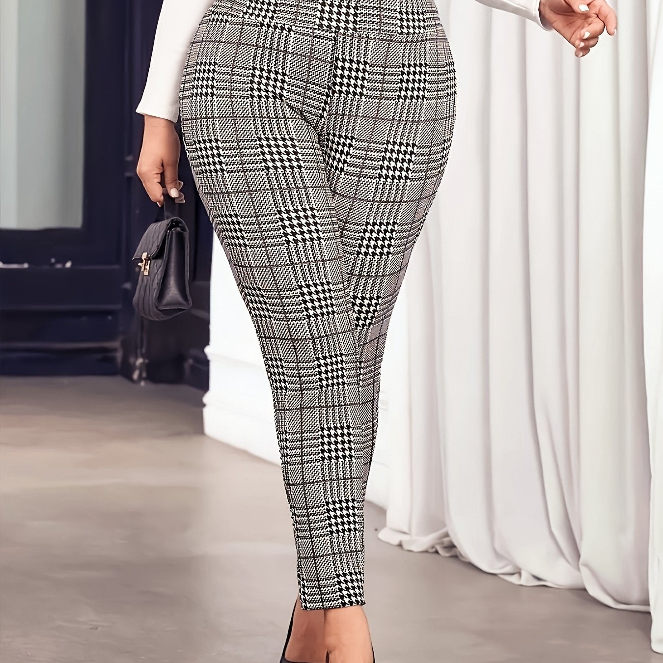 Plus Size Houndstooth Leggings High Waist Stretchy Non-See-Through All Seasons
