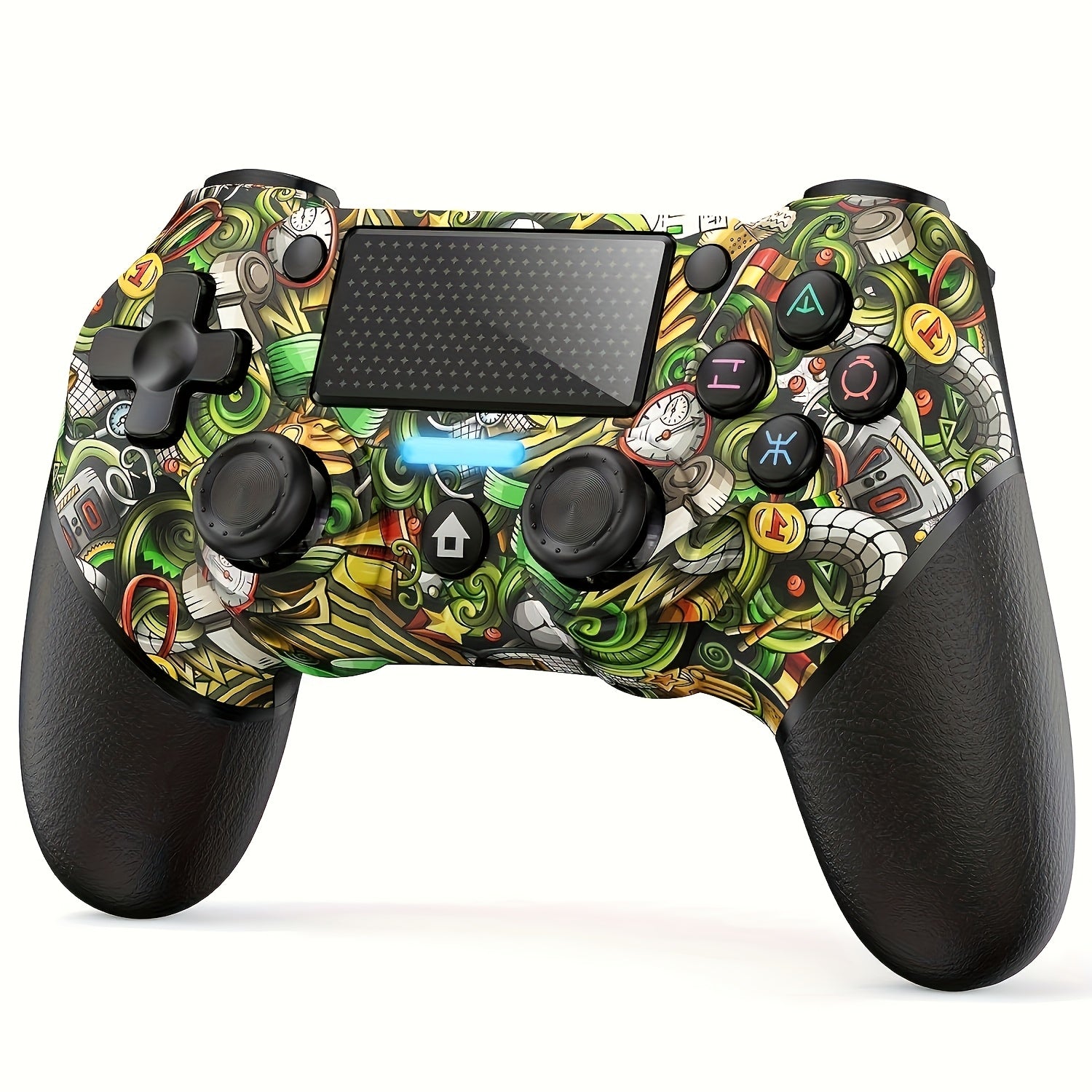 PS4 simsiz boshqaruvchi USB kabeli bilan, ikki tomonlama tebranish, 6-o'qli harakat nazorati, qayta zaryadlanadigan 600mAh batareya, 3.5mm audio jack, ko'p teginish paneli, ulash tugmasi - mos keladi