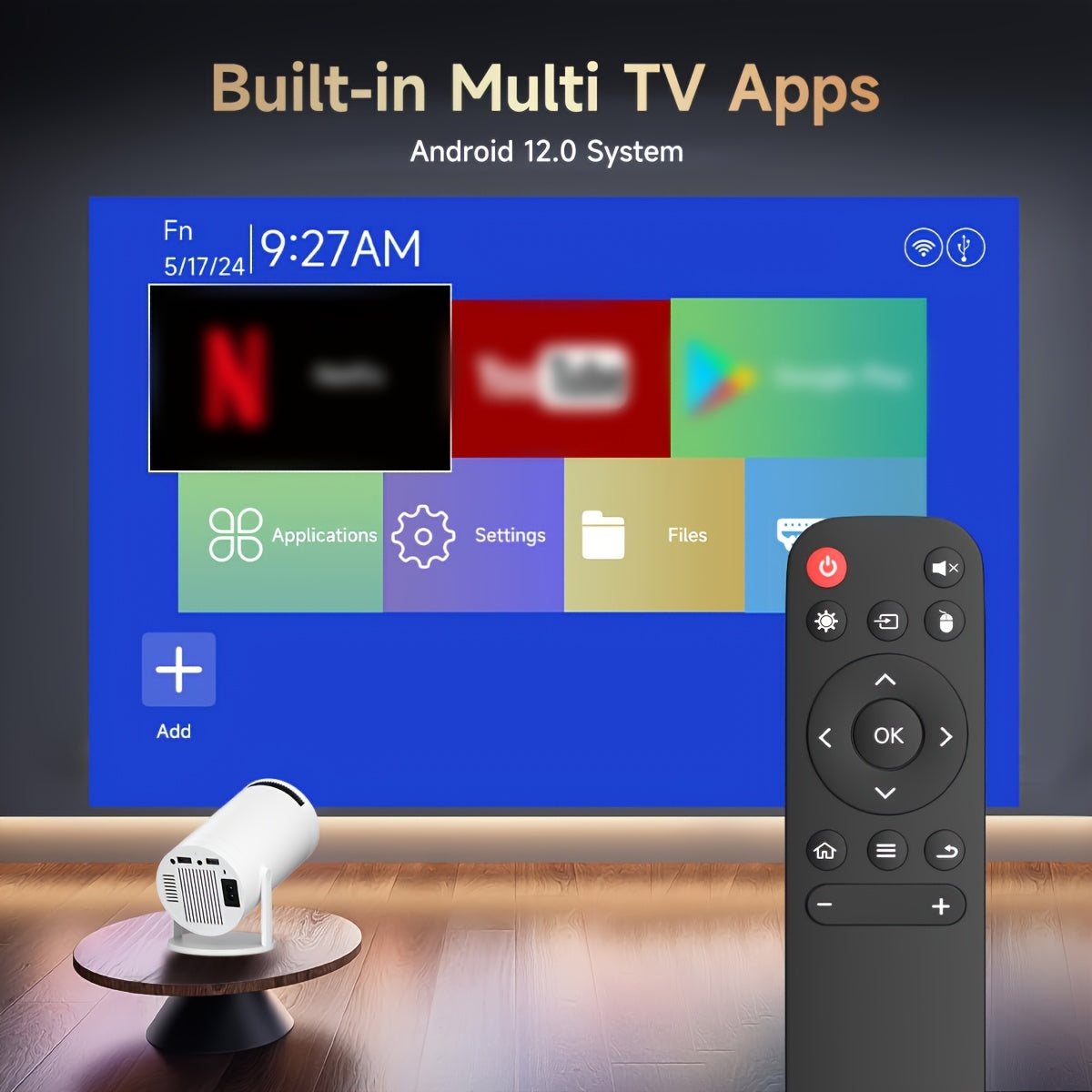 Portativ Android proyektori 130 dyuymli displey, Wifi6, TV ilovalari bilan