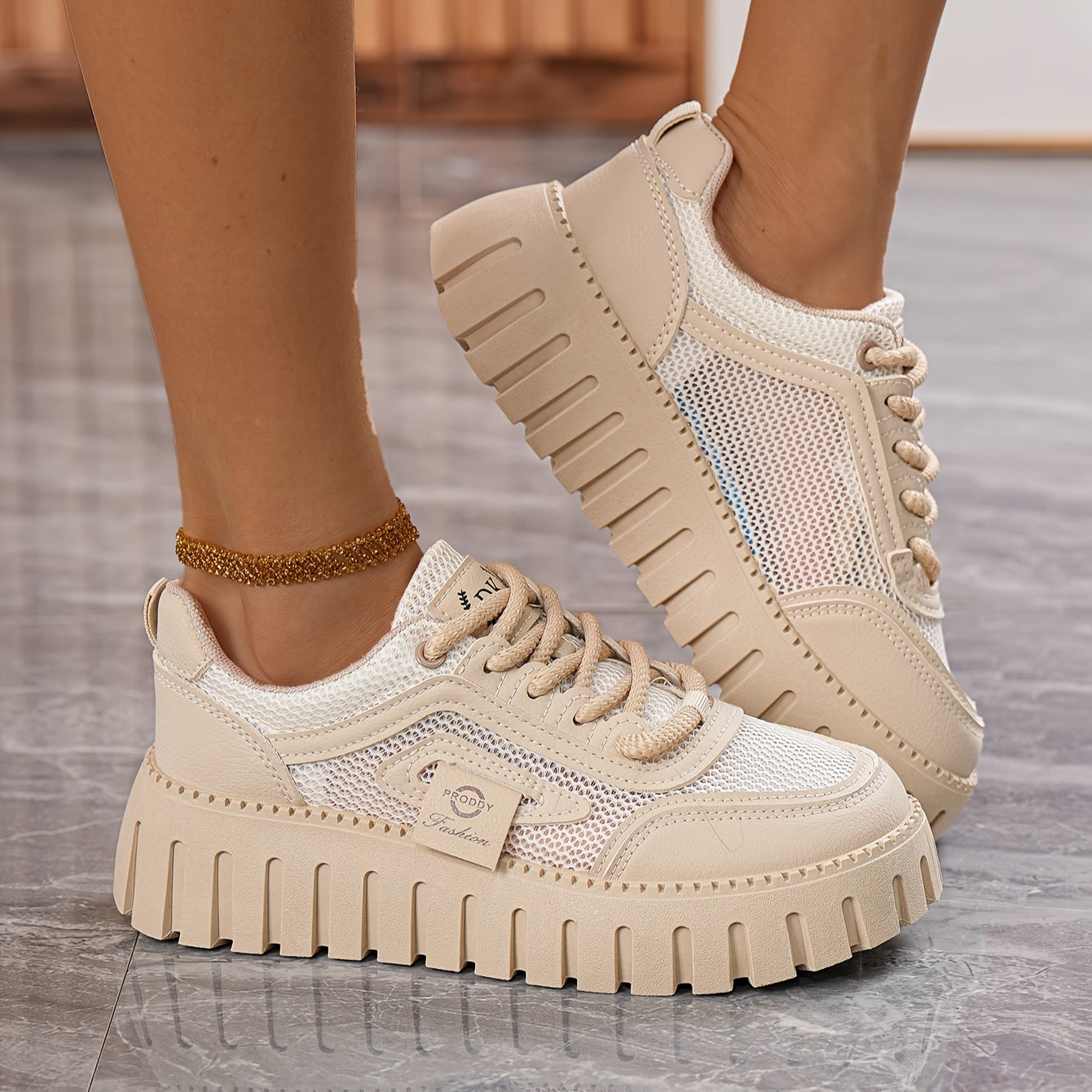 Women's Mesh Platform Sneakers White Cushioned Rubber Sole Summer Casual Shoes