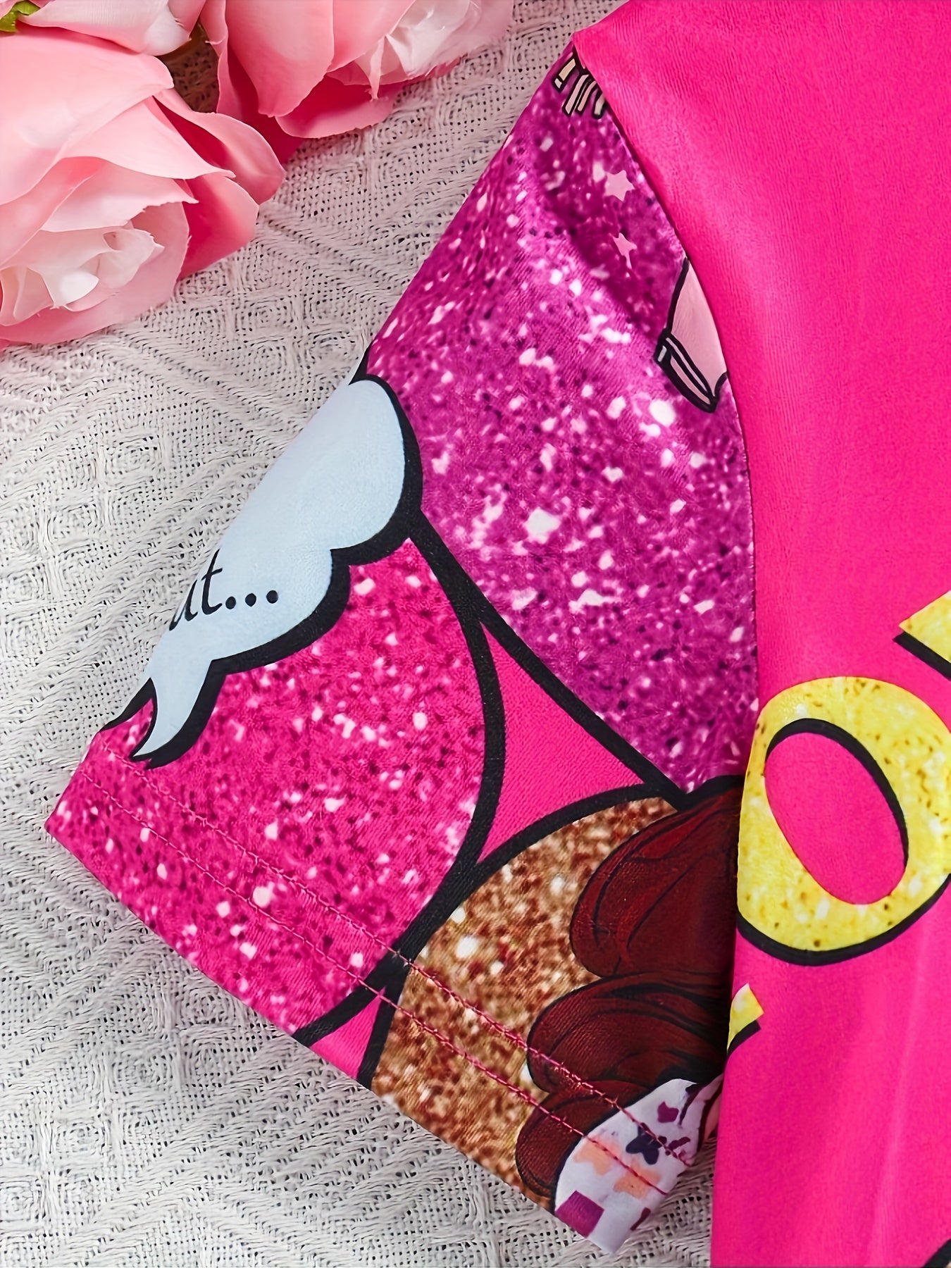 Girls' Pink Cartoon Dress with "LOVE" Print, Polyester Blend, Spring Summer Fall