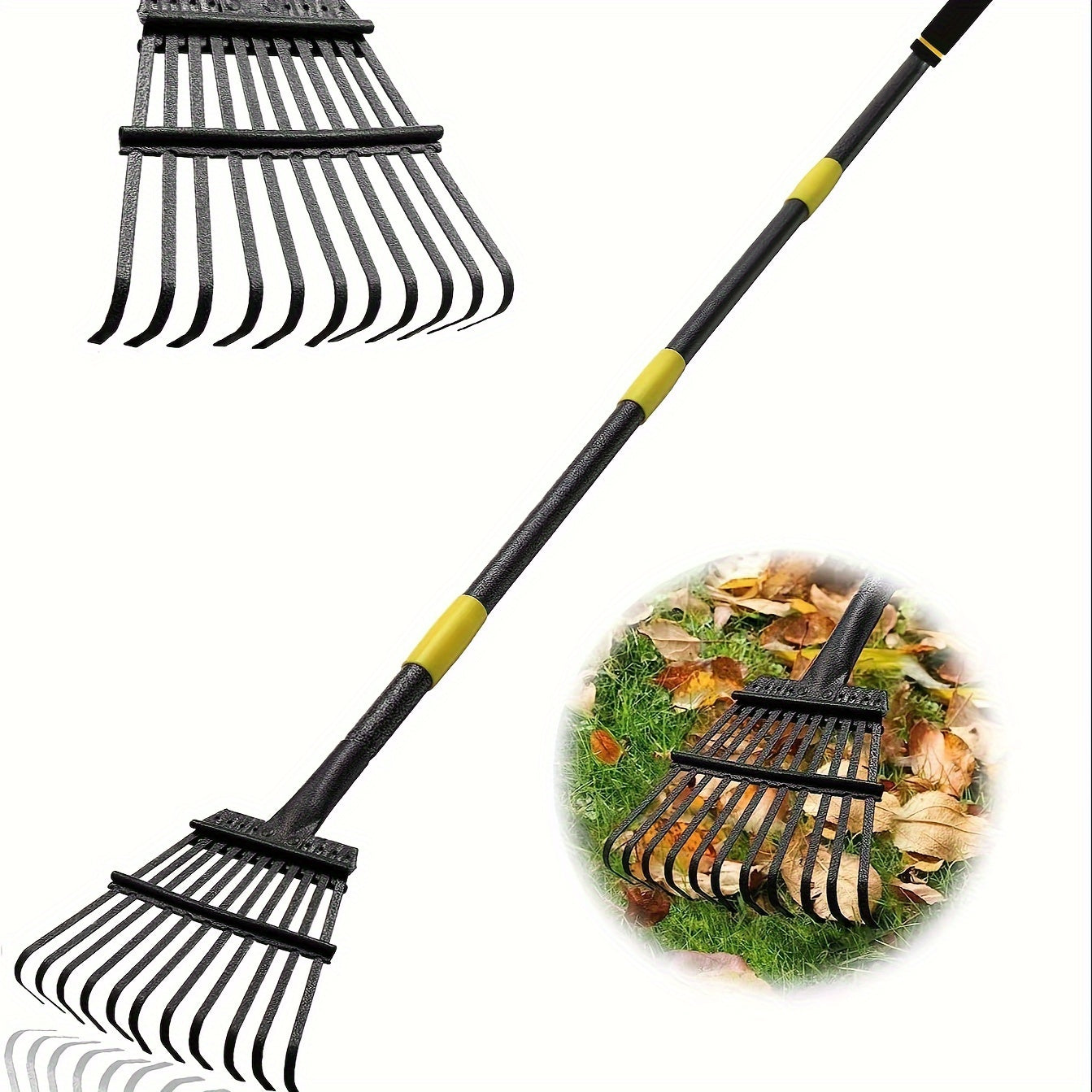 Heavy Duty Garden Leaf Rake 182.88cm with 11 Metal Tines Adjustable Steel Handle