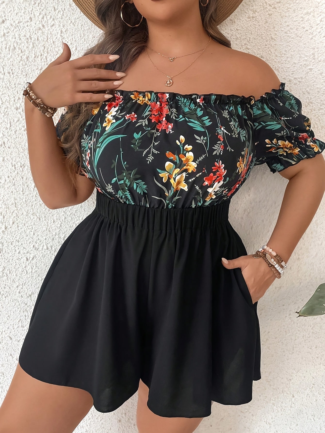 Plus Size Floral Print Summer Dress Jumpsuit Off-Shoulder Ruffled Hem