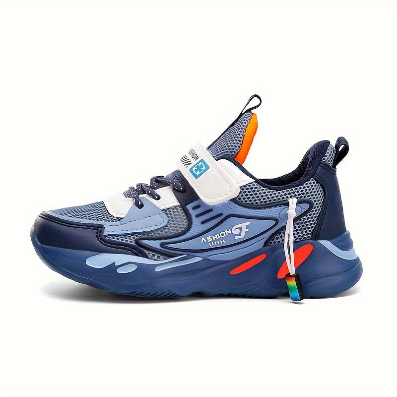 Boys' Breathable Running Sneakers with Geometric Pattern, Soft EVA Sole, Hook-and-Loop Closure