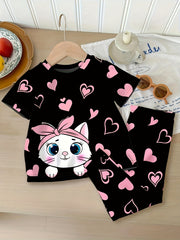2-Piece Cartoon Cat and Heart Print Casual Outfit Set for Kids Autumn Polyester Knit