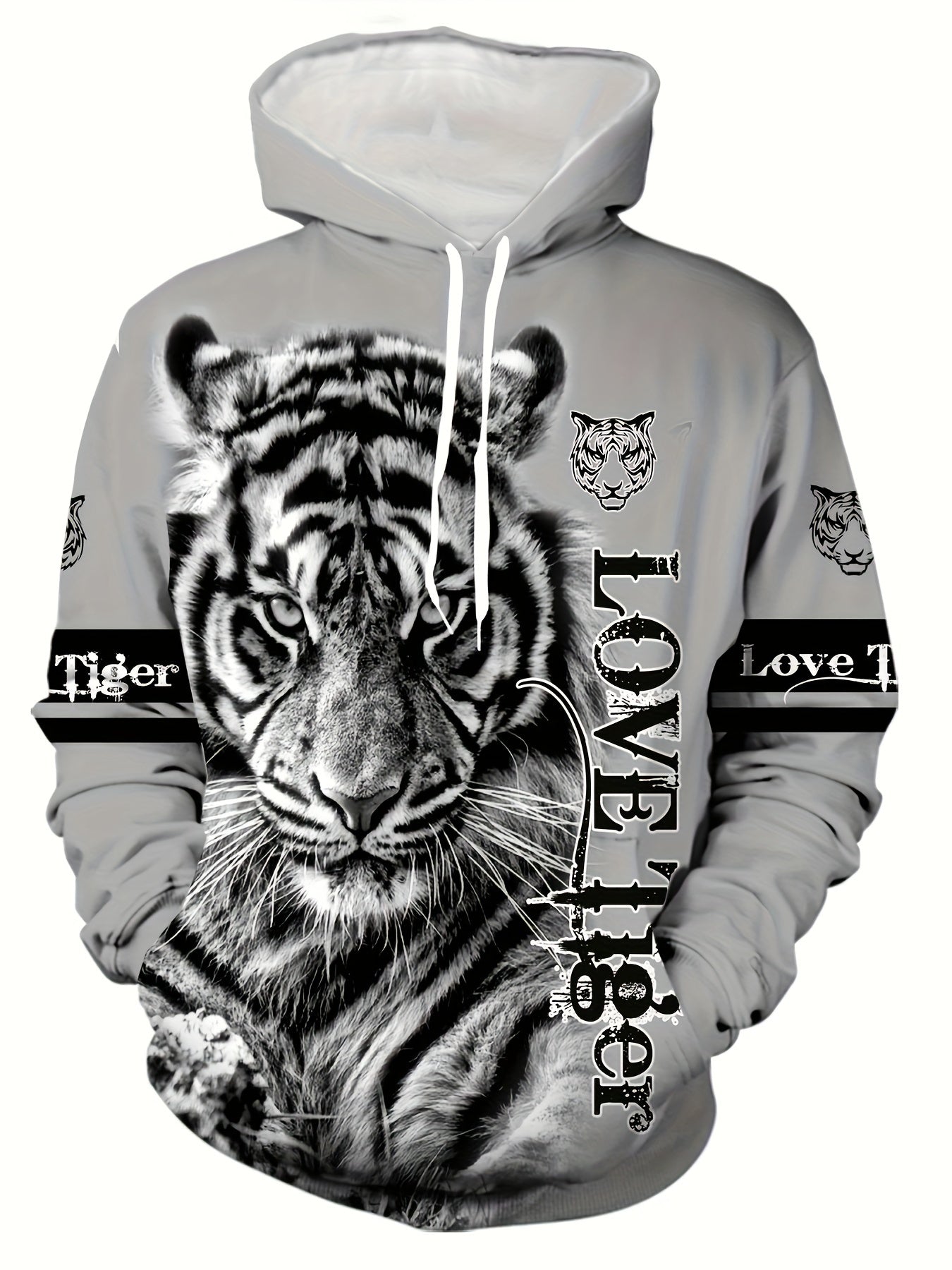 Men's Casual Polyester Hoodie and Sweatpants Set with Tiger and Lion Print