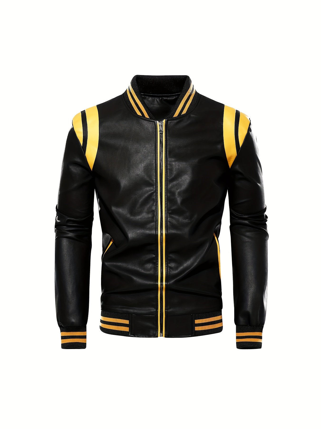 Erkaklar uchun sun'iy charm kurtka, klassik dizayn, retro uslubidagi fermuarli, turli xil yenglar, chiziqli aksentlar va har kuni kiyish uchun mashinada yuviladigan polyester aralashmasi.