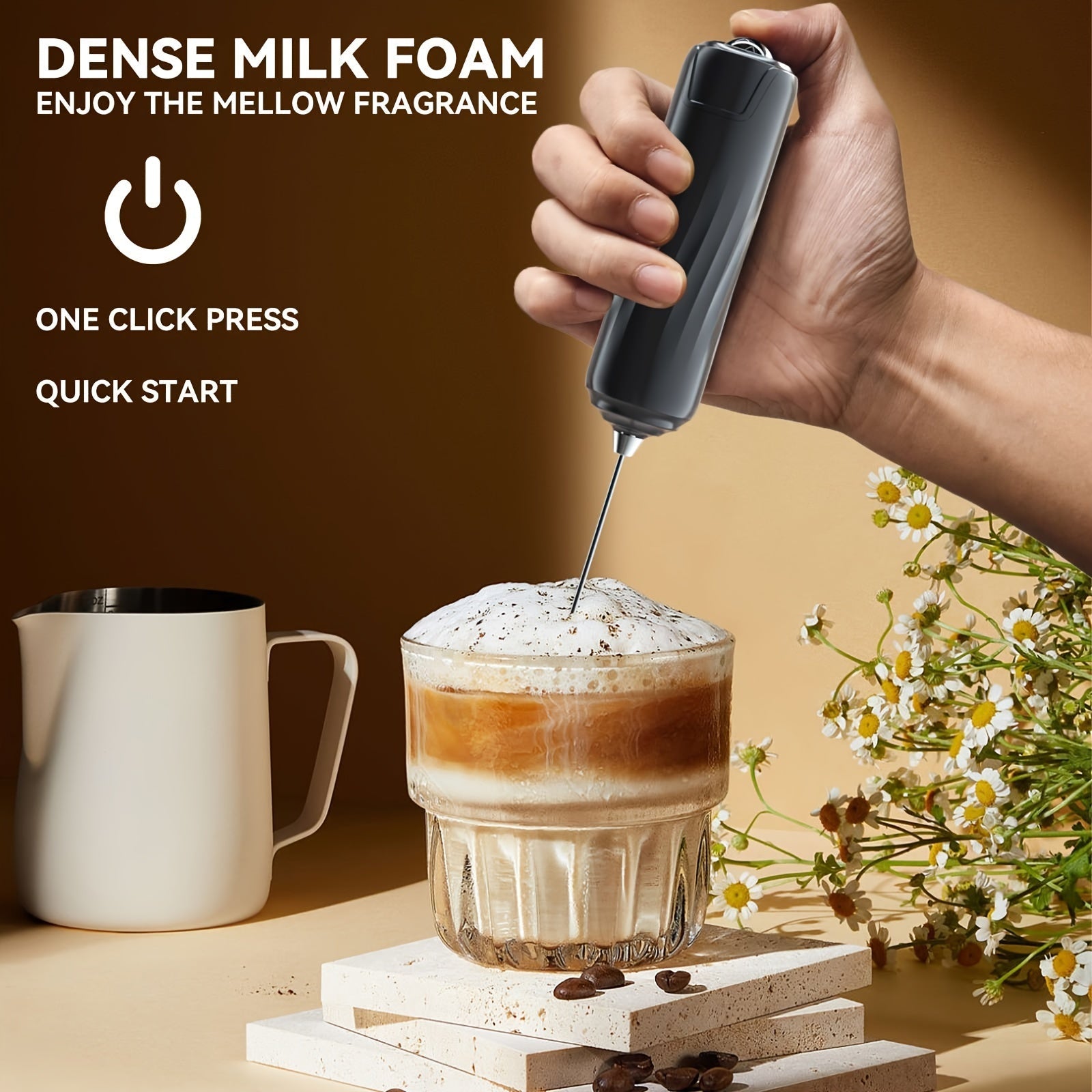 Portable Electric Milk Frother Black Battery-Powered Coffee Latte Cappuccino Mixer