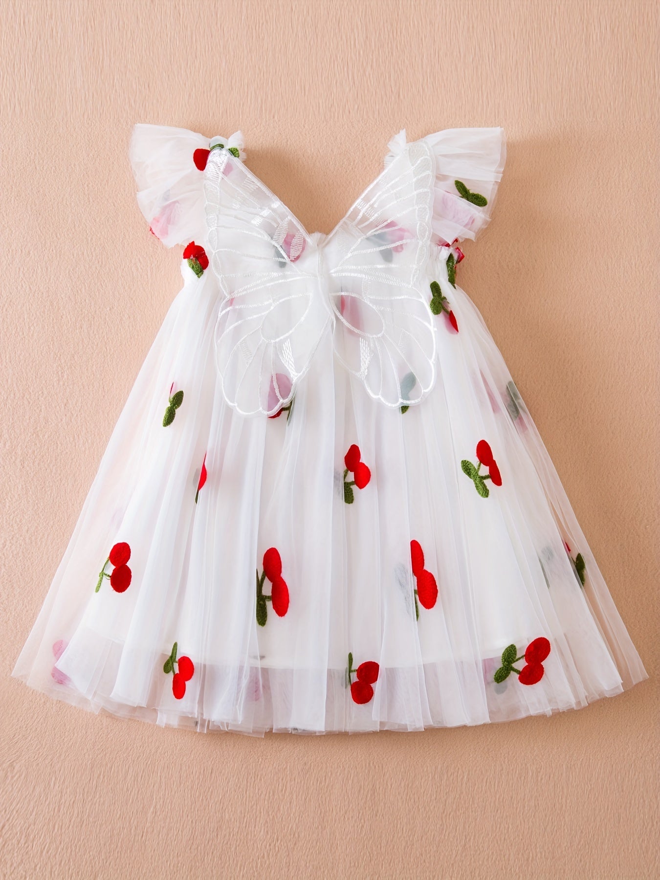 Girls Summer Dress Pink Cherry Embroidered Tulle Ruffled Sleeve Casual Lightweight Polyester