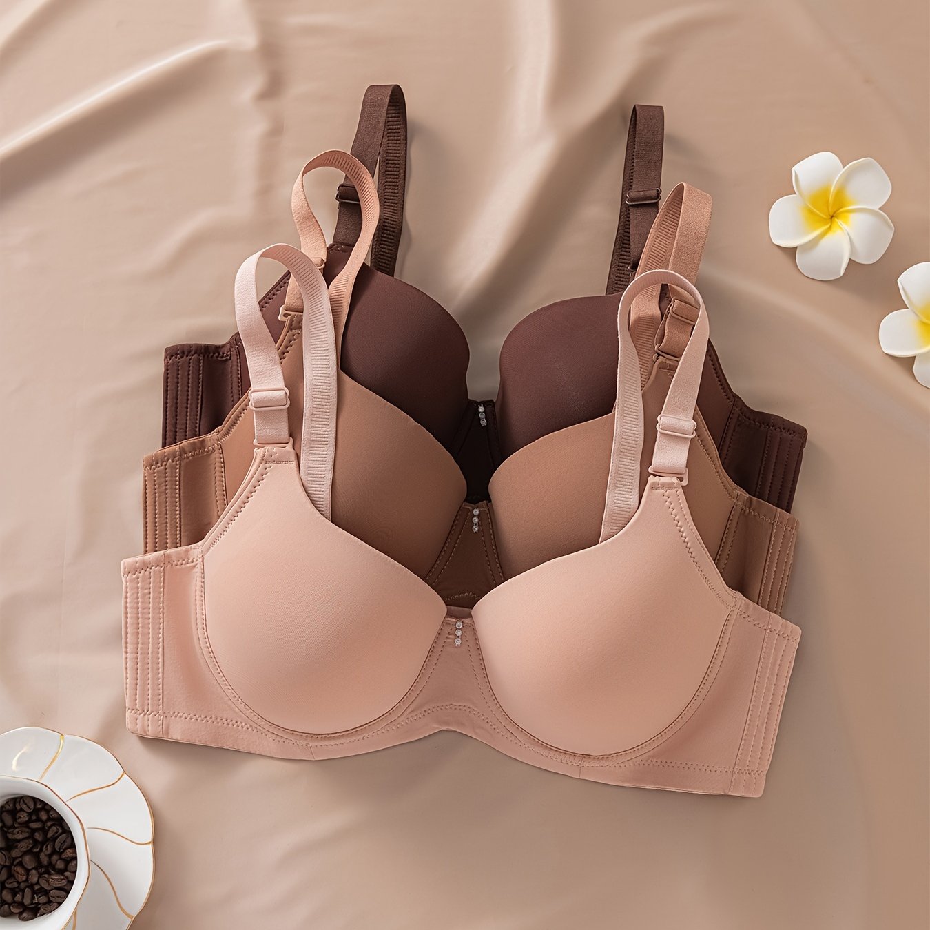 Pack de 3 sujetadores para mujer de tamaño grande, mate, sin marcas, con centro brillante y diamantes