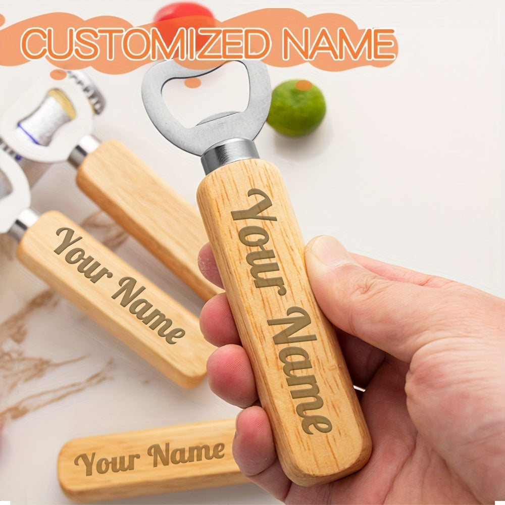 Custom Engraved Wooden Beer Bottle Opener with Stainless Steel Blade