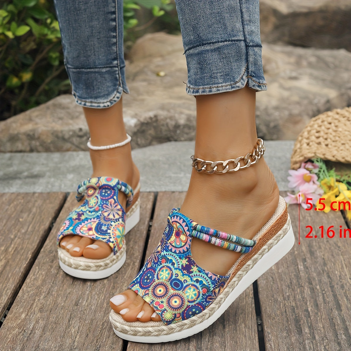 Women's Mandala Print Platform Wedge Sandals Slip-On Summer Beach Slides