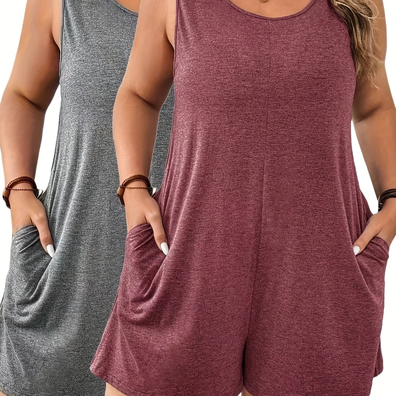 Plus Size Women's Solid Color Sleeveless Jumpsuit Two-Piece Set