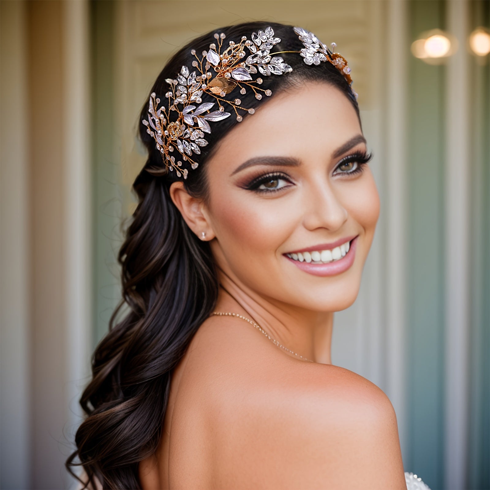 Handmade Beaded Hair Headband with Rhinestones for Bridal Wedding Dresses