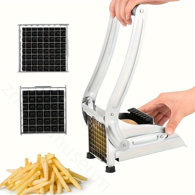 Qoʻlda kesish uchun ikki pichoq bilan stainless steel French fry cutter, kartoshka va boshqa meva va sabzavotlarni kesish uchun. Barqarorlik uchun yopishmaydigan asos. Uy va professional oshxonalarga mos.