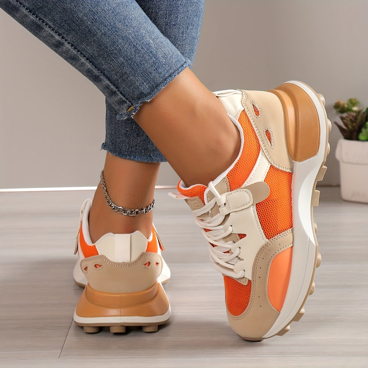 Women’s Colorblock Casual Sneakers, Lace Up Low-Top Breathable Trainers