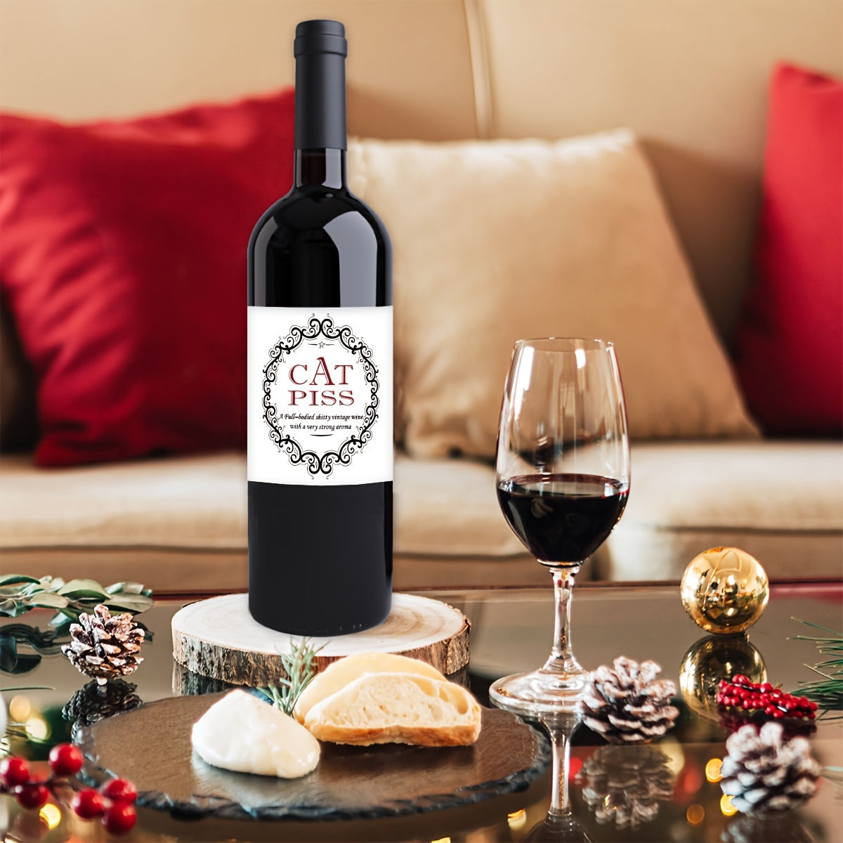 Cat Piss Champagne Bottle Labels Waterproof Vinyl Stickers Black White Ornament Christmas Birthday Party