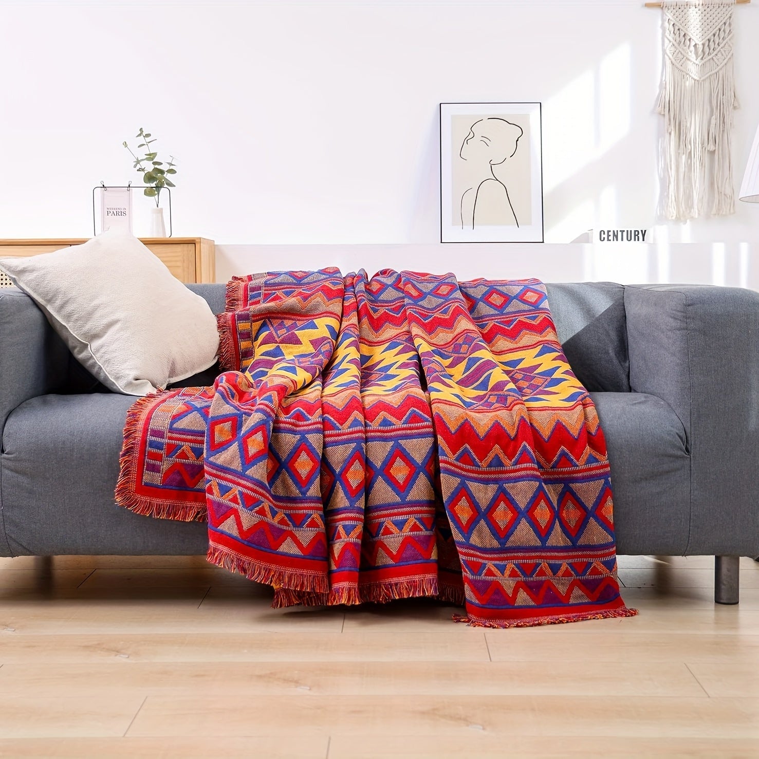 Bohemian Reversible Throw Blanket with Geometric Pattern and Tassels for Couch Protection