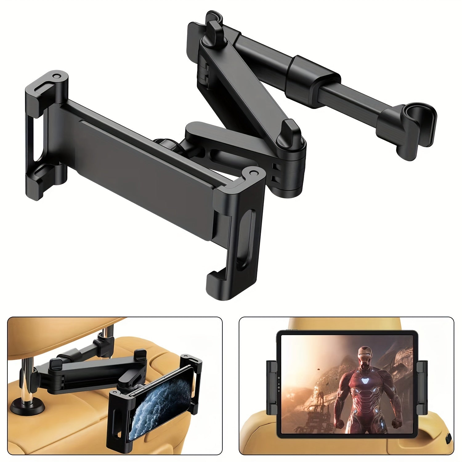 Adjustable Black ABS Headrest Mount for iPad and Phone Car Interior