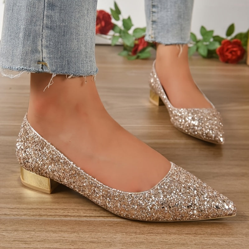 Women's Glittery Pointed Toe Flats with Low Heel and Rubber Sole