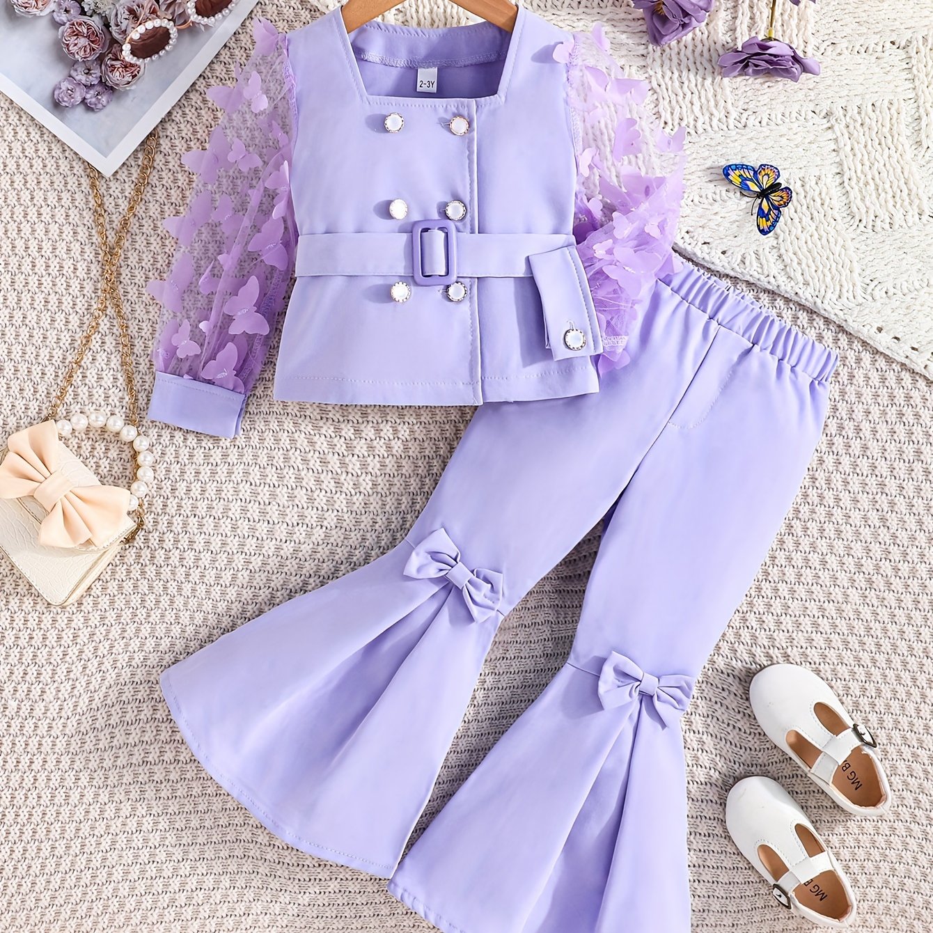 Girls' 2-Piece Casual Outfit Butterfly Sleeve Blouse and Long Pants Polyester Fall Winter