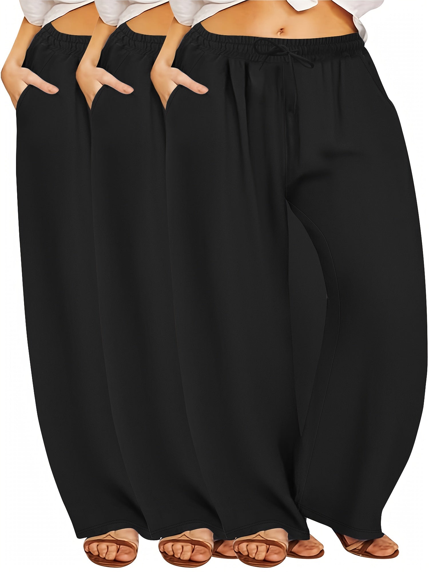 Plus Size High Waist Wide Leg Pants with Pockets and Drawstring in Solid Color 3-Pack