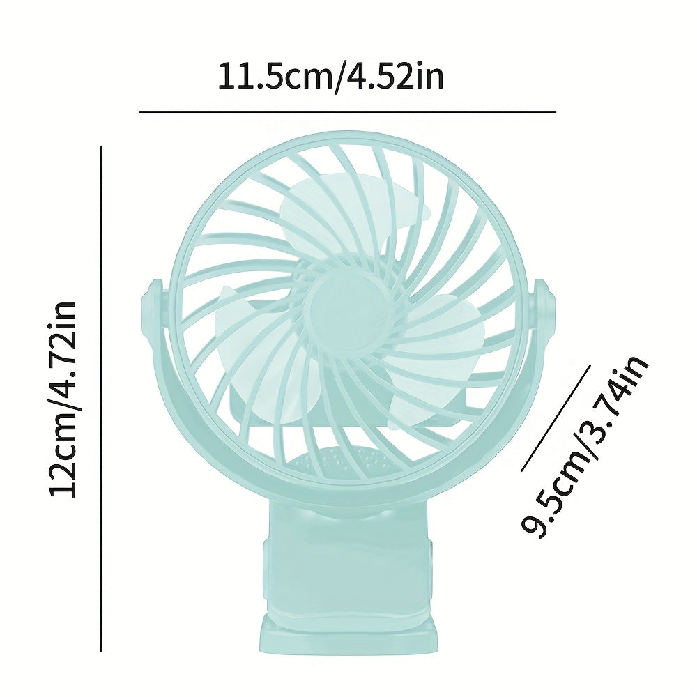 Голубой клип-он вентилятор USB, перезаряжаемый аккумулятор 500 мАч, регулируемая скорость, компактный, прочный