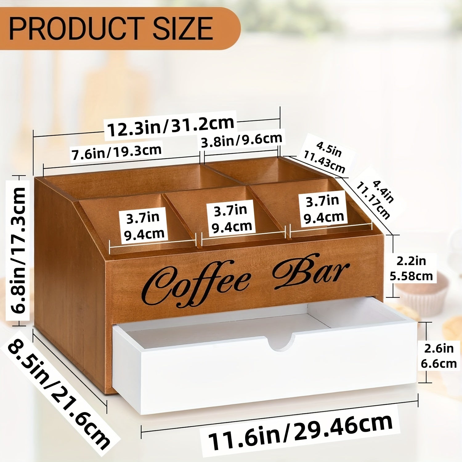 Organizador de barra de café de madera con cajón para tazas, cápsulas y accesorios, almacenamiento de cocina