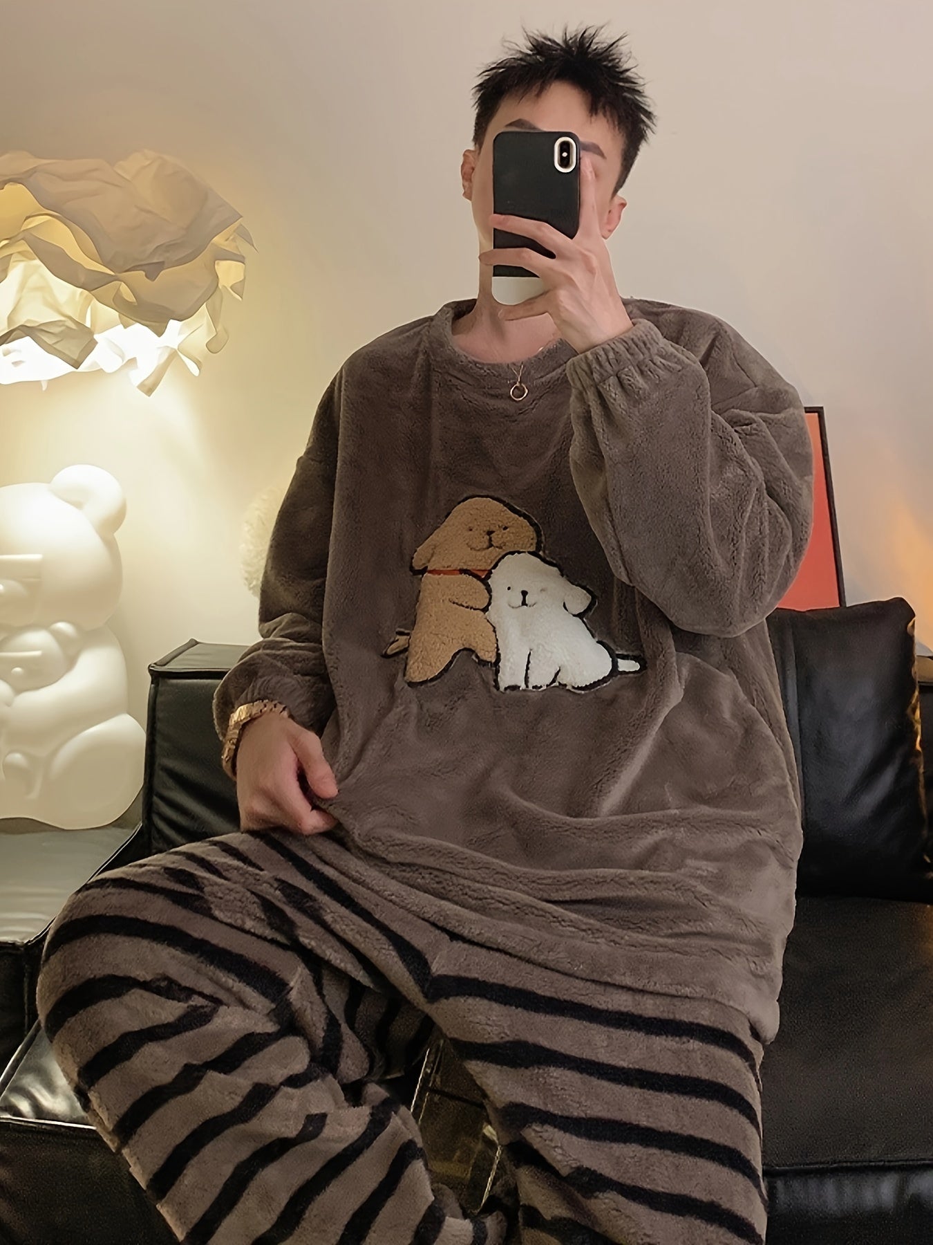Conjunto de pijama de felpa para hombre con patrón de dibujos animados para otoño e invierno, ropa de casa