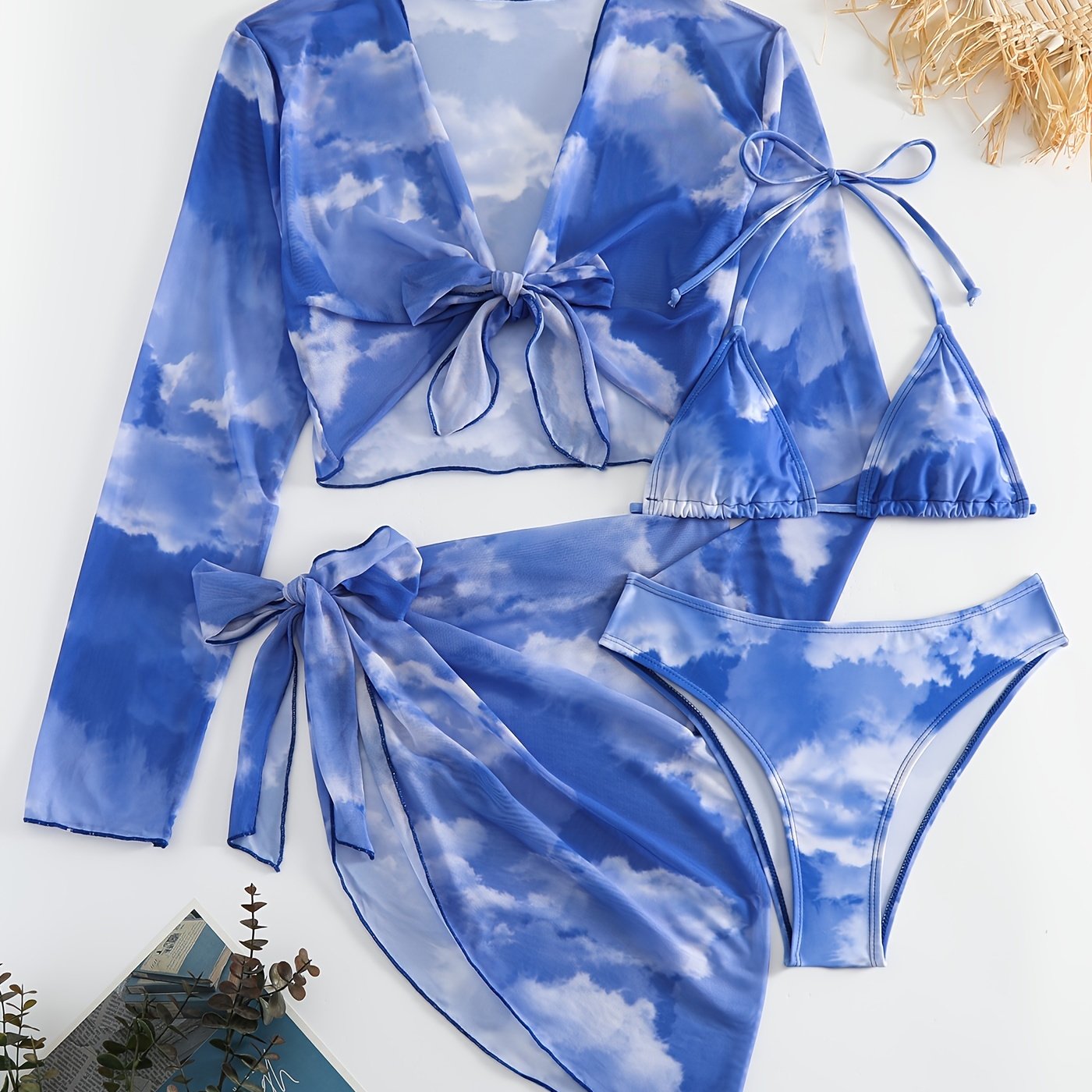 Four-Piece Beach Cover-Up Mesh Wrap Skirt with Halter Neck Bikini and Printed Design