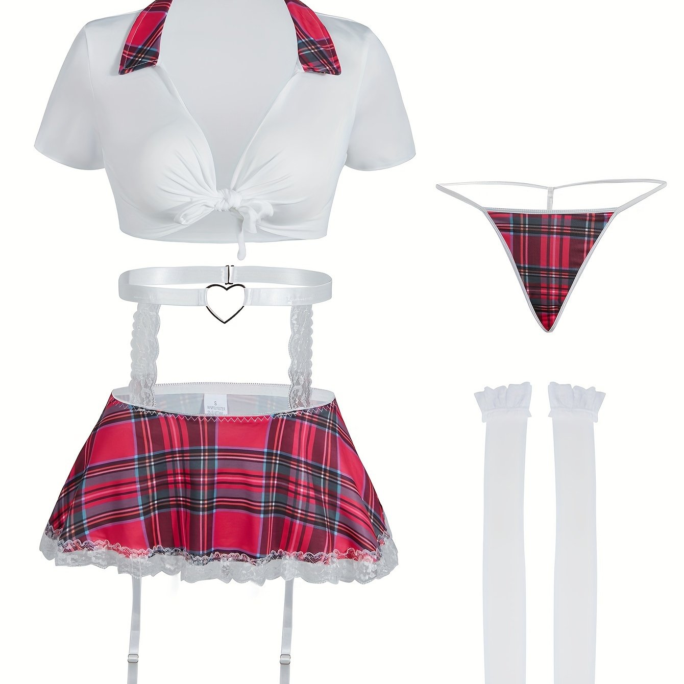 Sexy Preppy Cosplay Costume Set Includes Crop Top Skirt Garter Belt and Stockings
