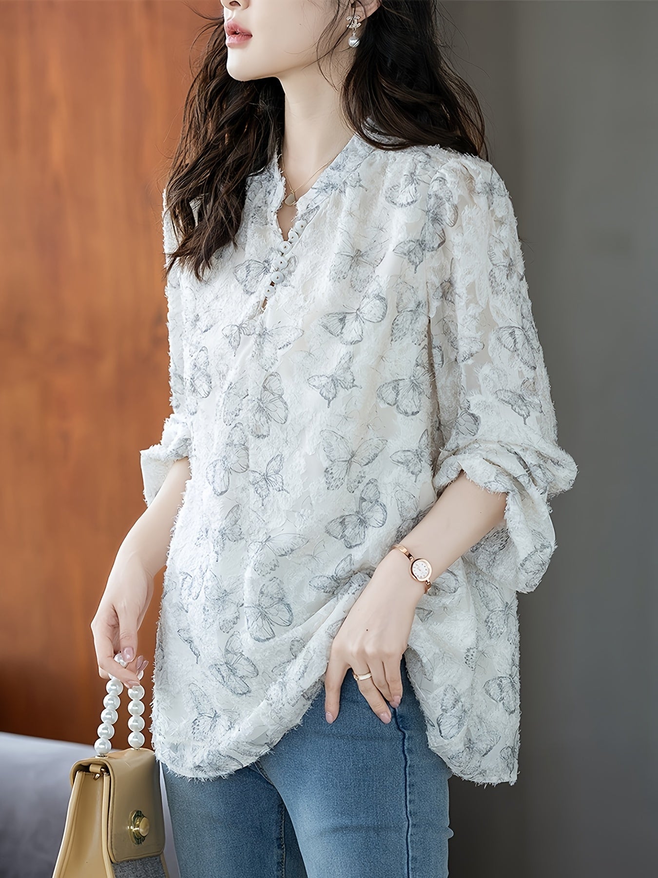 Women's V-Neck Long Sleeve Shirt Woven Polyester Color Block Butterfly Print