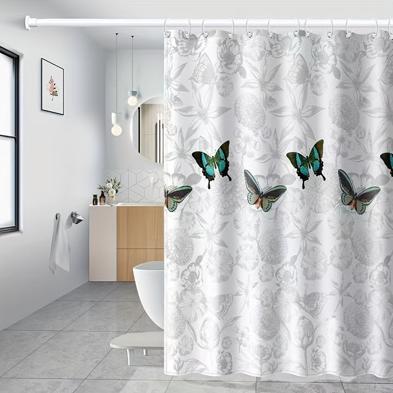 Gray Floral and Butterfly Shower Curtain Polyester Opaque Quick-Dry Machine Washable Easy No-Drill Installation